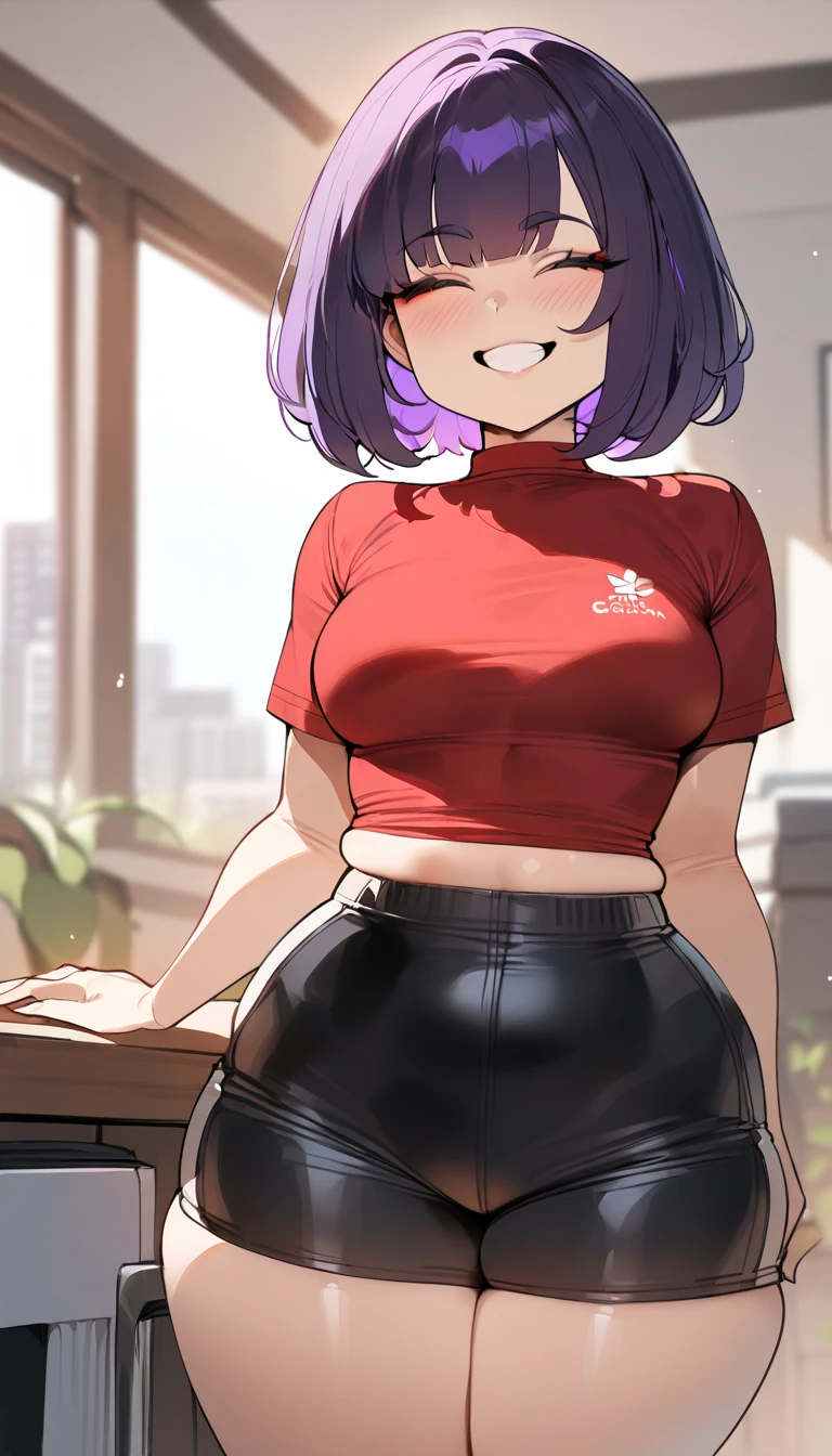 (best quality,masterpiece) thicc, 1 woman, small breasts, wide hips, thick thighs, happy, bob haircut, eyes closed, black hair, asian, small waist, short, shortstack, shorts, overzised red shirt,purple hair, apartment background
