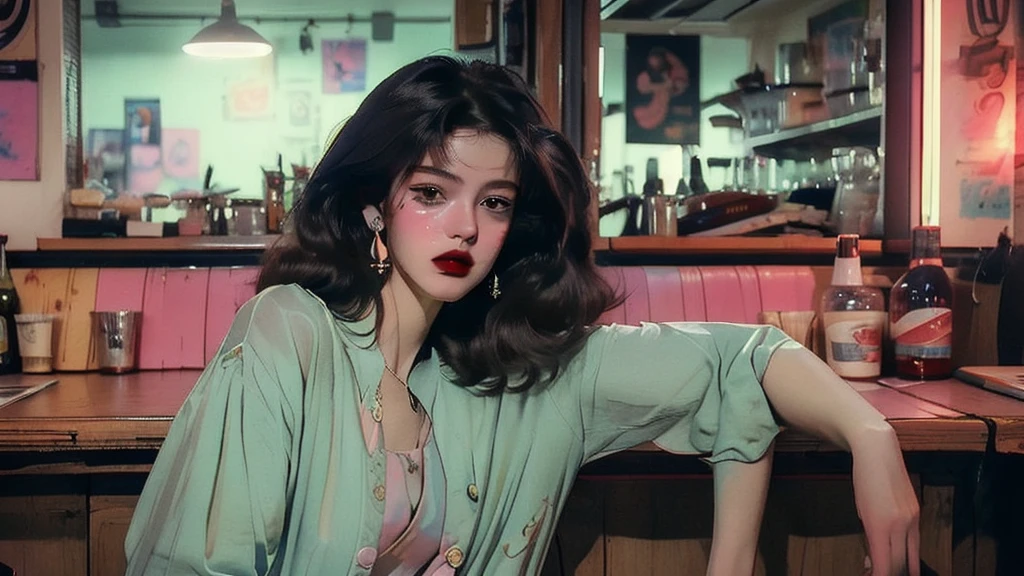 (80's, Retro, City Pop:1.5), (Album cover), (masterpiece, Highest quality, Exquisite detail), (anime, figure), (pastel colour:1.3), Best Photo Poses, Dynamic Angle,girl, alone, cool, Delicate face, The stylish, dimly lit interior of the bar，City of night,  Holding a cigarette，Gazing into the distance
