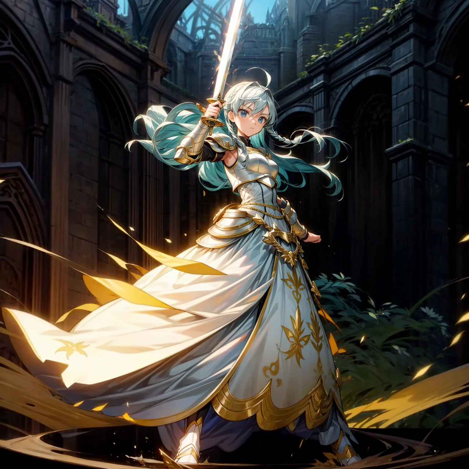 1girl, Full body version, 1character, girl version, blue eyes color, long haircut, (white colour hair), formal style clothing, medieval gold armour, one gold sword in hand, Grassroots, background in green field, motion blur, battle gesture, lighting sword, smoke, fire lighting, fire, masterpiece, (Hunter x Hunter style)