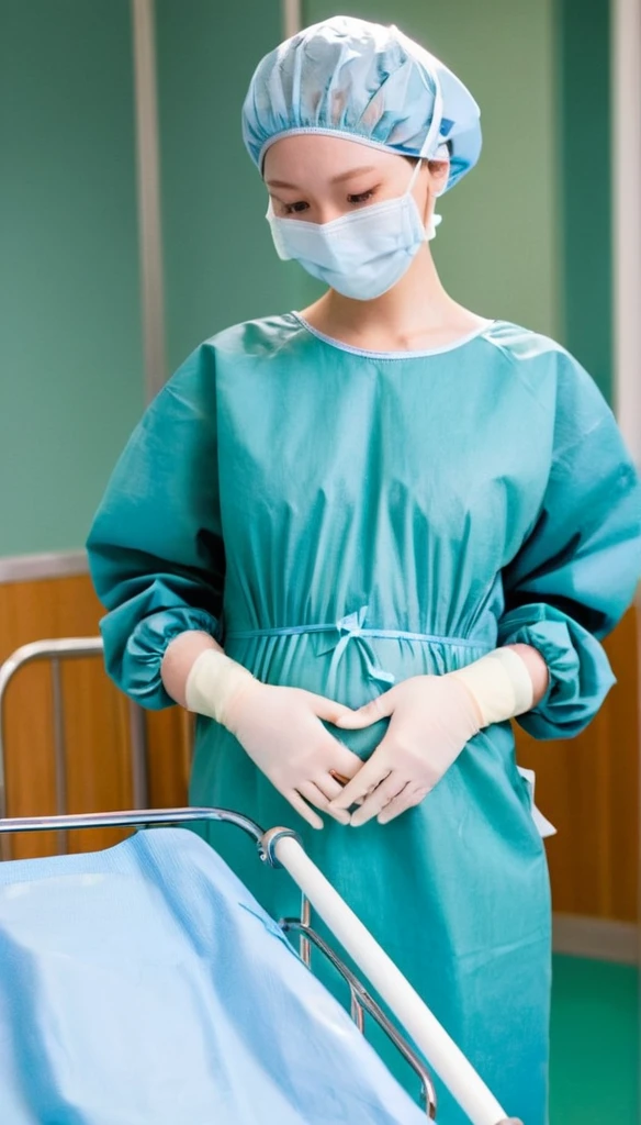 score_9, score_8_up, score_7_up, masterpiece, highest quality, raw image, can see the whole body, pale skin, shy eyes, cover the ears, big breasts, surgical mask, surgical cap, long sleeve surgical gown,
1 girl, pregnant with big belly, solo, long rubber gloves, frown, standing, in one hospital, hospital bed, operating room background