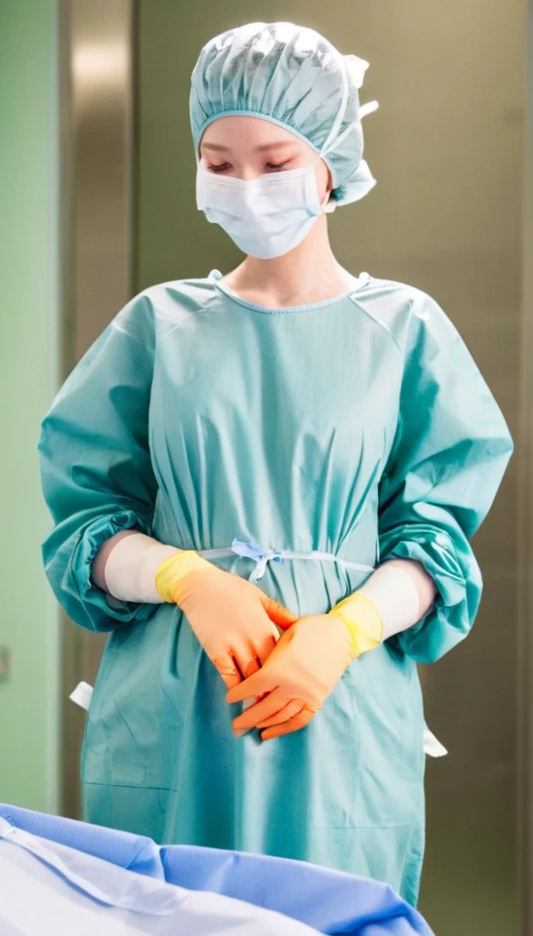 score_9, score_8_up, score_7_up, masterpiece, highest quality, raw image, can see the whole body, pale skin, shy eyes, cover the ears, big breasts, surgical mask, surgical cap, long sleeve surgical gown,
1 girl, pregnant with big belly, solo, long rubber gloves, frown, standing, in one hospital, hospital bed, operating room background