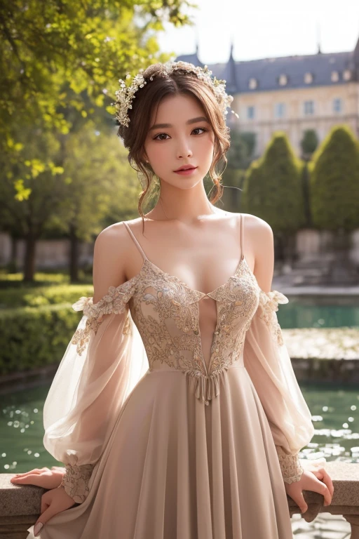 Create a woman with a good figure like a model。Her face is full of confidence、Hall々It is said that。Also、Her dress is noble。The background is exotic, like Europe.。