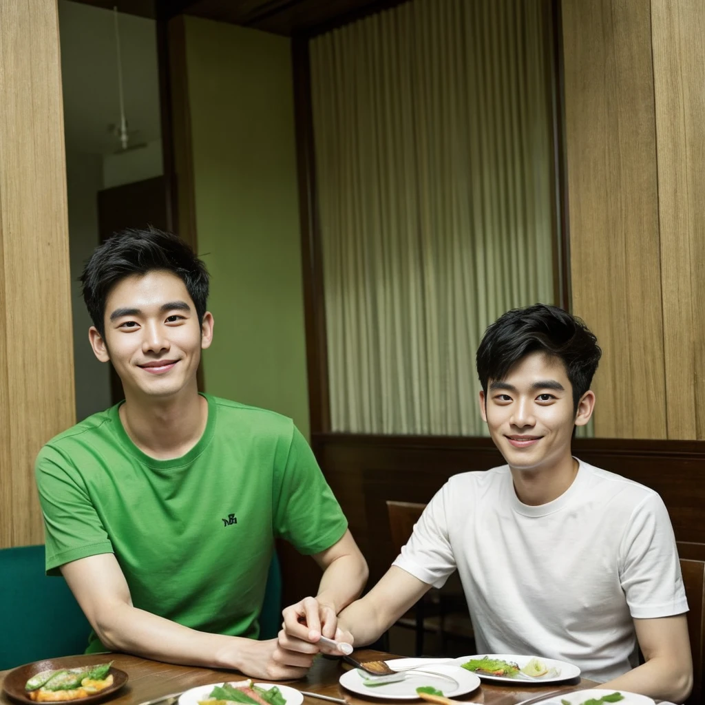 Korean man, Inspiration from Peng Yuyan, 30 years old, 236 years old, Cute Korean Face, 35 yo, 33 year old Korean muscular man,The dining room is in the back. green t-shirt
