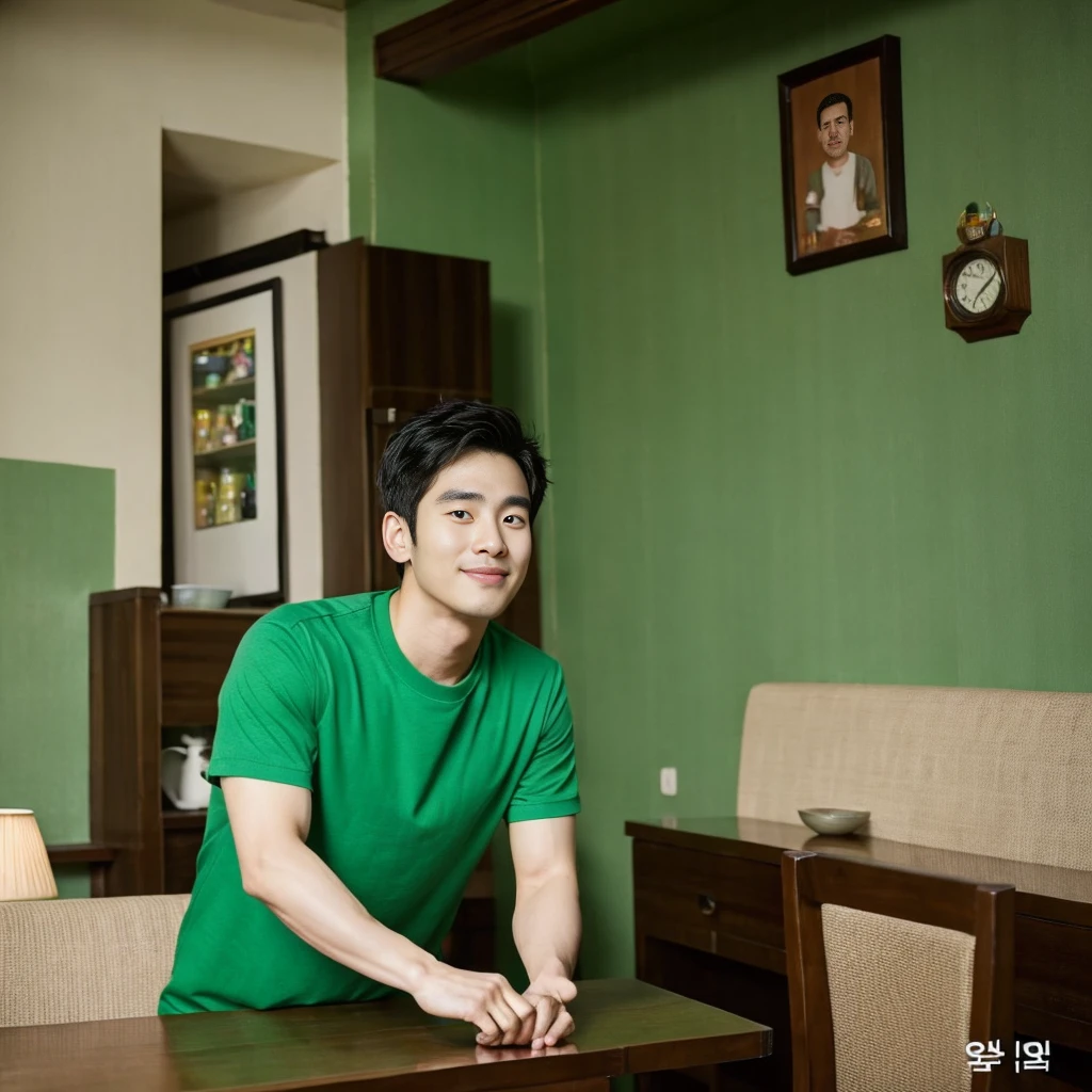 Korean man, Inspiration from Peng Yuyan, 30 years old, 236 years old, Cute Korean Face, 35 yo, 33 year old Korean muscular man,The dining room is in the back. green t-shirt