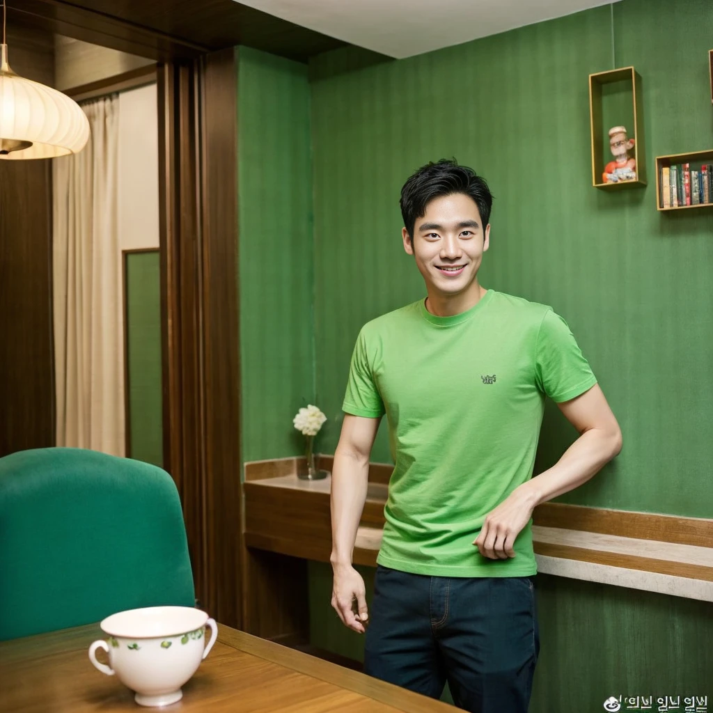 Korean man, Inspiration from Peng Yuyan, 30 years old, 236 years old, Cute Korean Face, 35 yo, 33 year old Korean muscular man,The dining room is in the back. green t-shirt