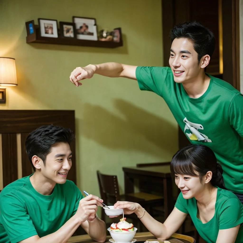 Korean man, Inspiration from Peng Yuyan, 30 years old, 236 years old, Cute Korean Face, 35 yo, 33 year old Korean muscular man,The dining room is in the back. green t-shirt