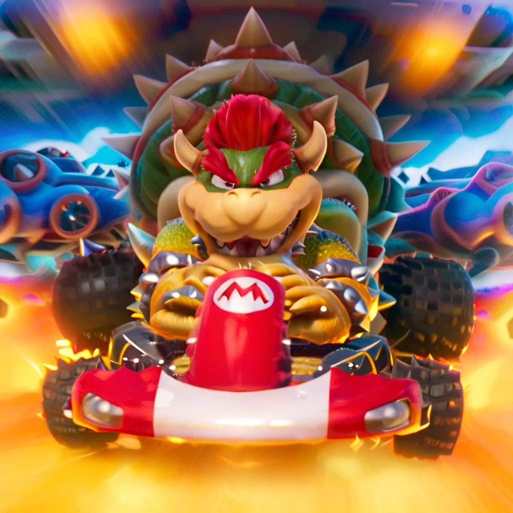cinematic photo Bowser driving a karting, fantasy world  . 35mm photograph, film, bokeh, professional, 4k, highly detailed  