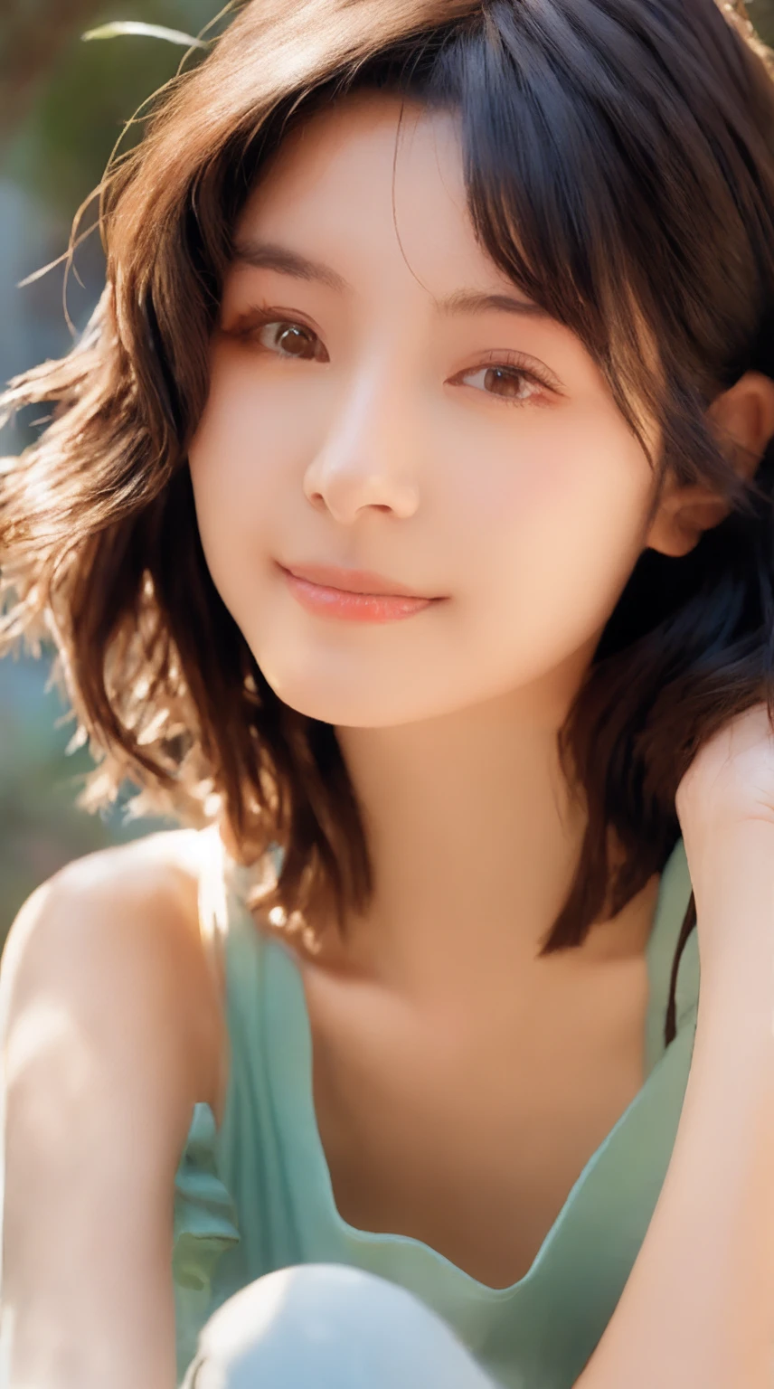 (original photo, best quality), (actual, photo-actual:1.3), masterpiece, extremely delicate and beautiful, Very detailed, CG, Unite, 8k, Astonishing, fine details, Super detailed, high resolution, ridiculous, soft light, (black hair, short hair, curls, messy hair, Bangs), Beautiful and delicate girl, Detailed fingers, Very detailed eyes and face, Beautiful and detailed nose, Beautiful and delicate eyes, (There is light on the face), looking at the audience, (Keep your mouth shut:1.2), 1 girl, Lovely, young, mature face, pale skin, (Half body:1.3, sitting), (medium breasts), actual face, actual body, Beautiful and delicate thighs, (ulzzang-6500-v1.1:0.6), black shirt, (semi smile:1.3),Clothing to cover up。