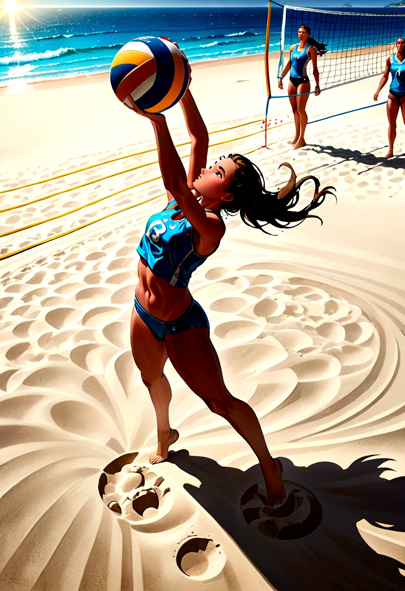 (Beach Volleyball), A beach volleyball female player is preparing to spike the ball on the beach, jumping up in the air. tense muscles appear exceptionally prominent under the influence of strength. tightly grips the volleyball, ready to hit the ball over the net with a full force. wearing brightly colored sports top, the sunlight casts mottled light and shadow on body. The background is a golden beach, sunny and full of vitality, bird's-eye view, full body, (Photography), panoramic view, award-winning, cinematic still, emotional, vignette, dynamic, vivid, (masterpiece, best quality, Professional, perfect composition, very aesthetic, absurdres, ultra-detailed, intricate details:1.3)