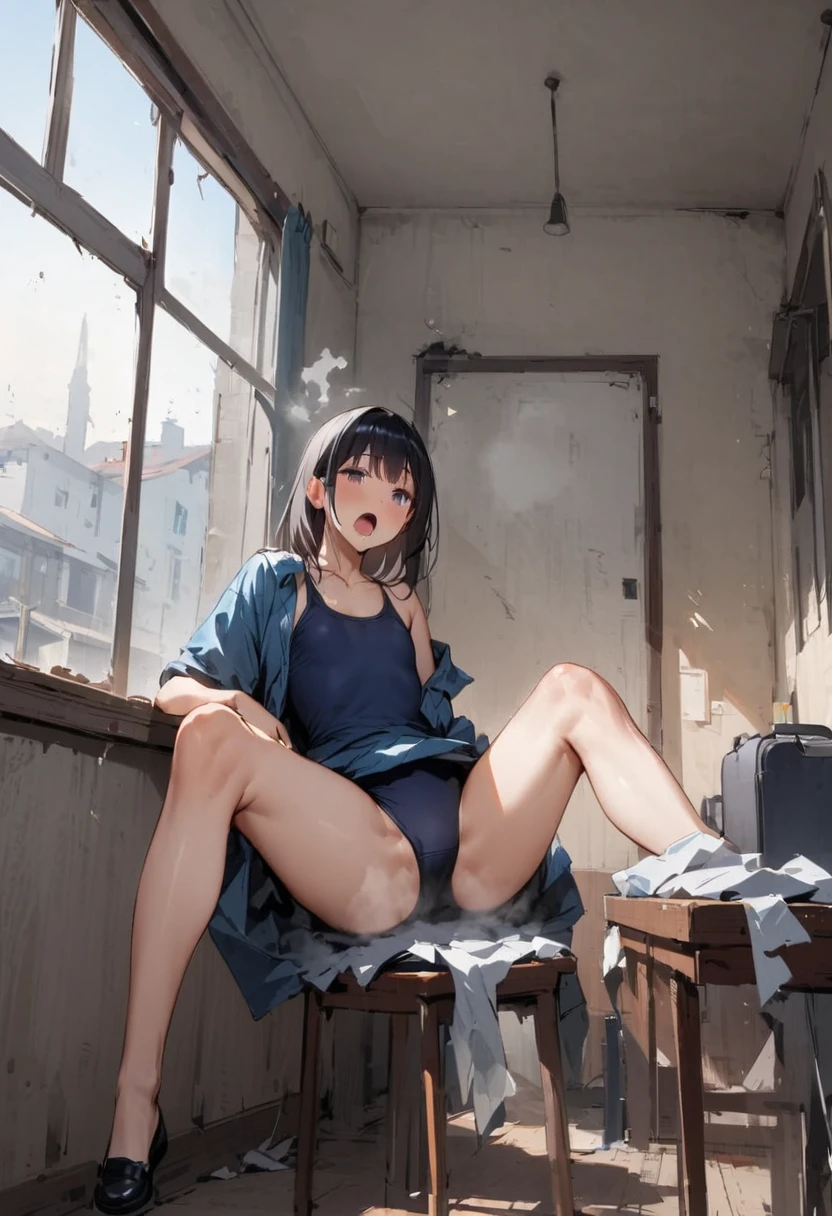 hot、hot air、High temperature、School、In the classroom、Sitting in a chair、Girl、Girl、Short、Younger、Lower school year、Baby Face、flat chest、Dynamic Angle、masterpiece、best quality、ultra-detail、Great Khan、The air conditioner is broken、Summer sunshine、School Swimsuit、Spreading legs、Raise one leg、The desks are lined up、corridor、window、Seems like a hassle、Complaining、There are several classmates behind me.、Clothing、Untidy appearance、Wide Stride、Fan、With his mouth open sloppily、steam、Show your side