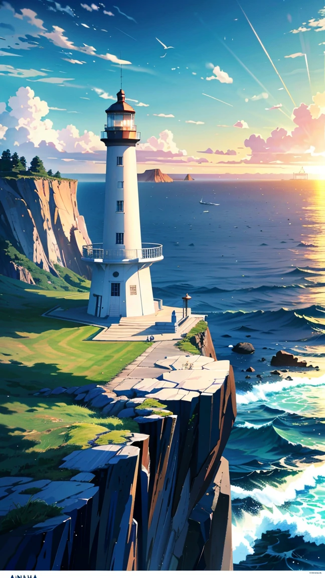 A lighthouse on a cliff by the sea、The vast ocean that surrounds it