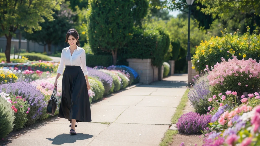 The protagonist stands up, brushes off the dust, and takes a confident step forward. Flowers bloom around her feet as she walks.