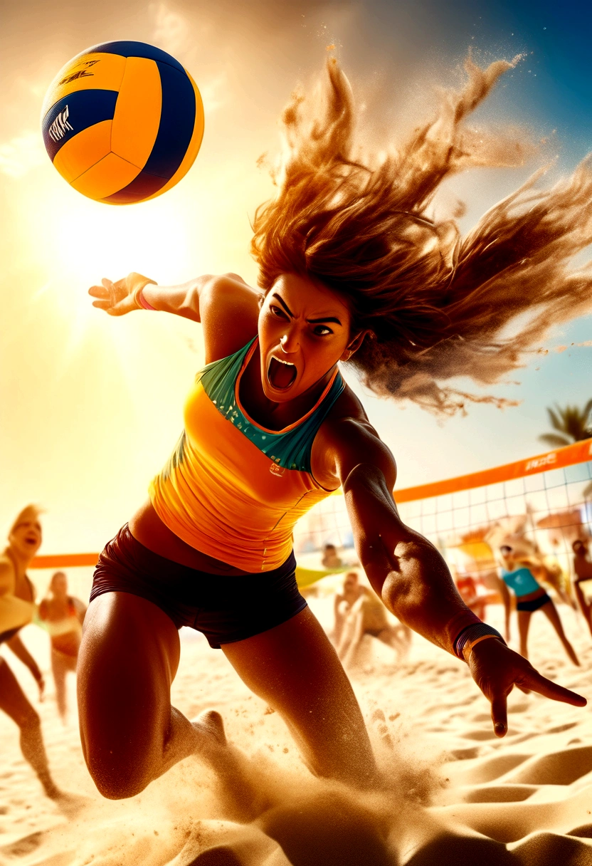 (Beach Volleyball), A beach volleyball female player is preparing to spike the ball on the beach, jumping up in the air. tense muscles appear exceptionally prominent under the influence of strength. tightly grips the volleyball, ready to hit the ball over the net with a full force. wearing brightly colored sports top, the sunlight casts mottled light and shadow on body. The background is a golden beach, sunny and full of vitality, bird's-eye view, full body, (Photography), panoramic view, award-winning, cinematic still, emotional, vignette, dynamic, vivid, (masterpiece, best quality, Professional, perfect composition, very aesthetic, absurdres, ultra-detailed, intricate details:1.3)