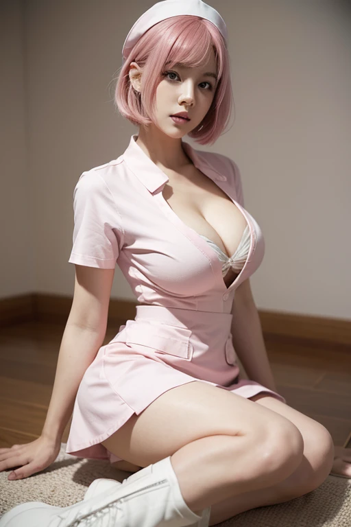 masterpiece,Highest quality,Pink Hair,Bobcut,Big Breasts,Cleavage,Thighs,(White nurse uniform),(Miniskirt),(boots),whole body,