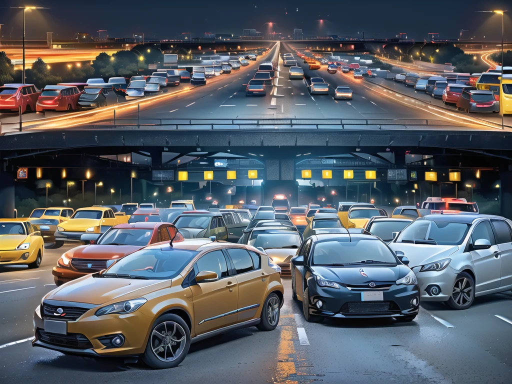 (Traffic jams, lots of cars, traffic jams. :1.5),road ,(รถวิ่งบนroad:1.6) capital landscape:1.5 ,(Many cars:1.5) ,nighttime