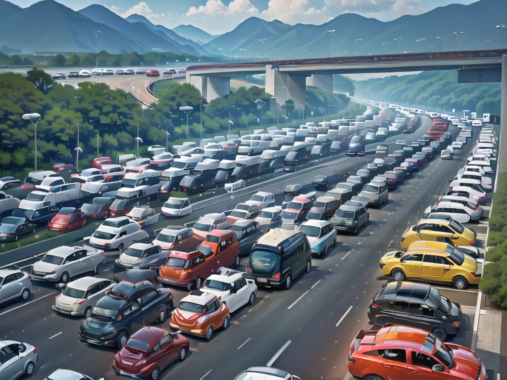 (Traffic jams, lots of cars, traffic jams. :1.5),road ,(รถวิ่งบนroad:1.6) capital landscape:1.5 ,(Many cars:1.5) ,nighttime