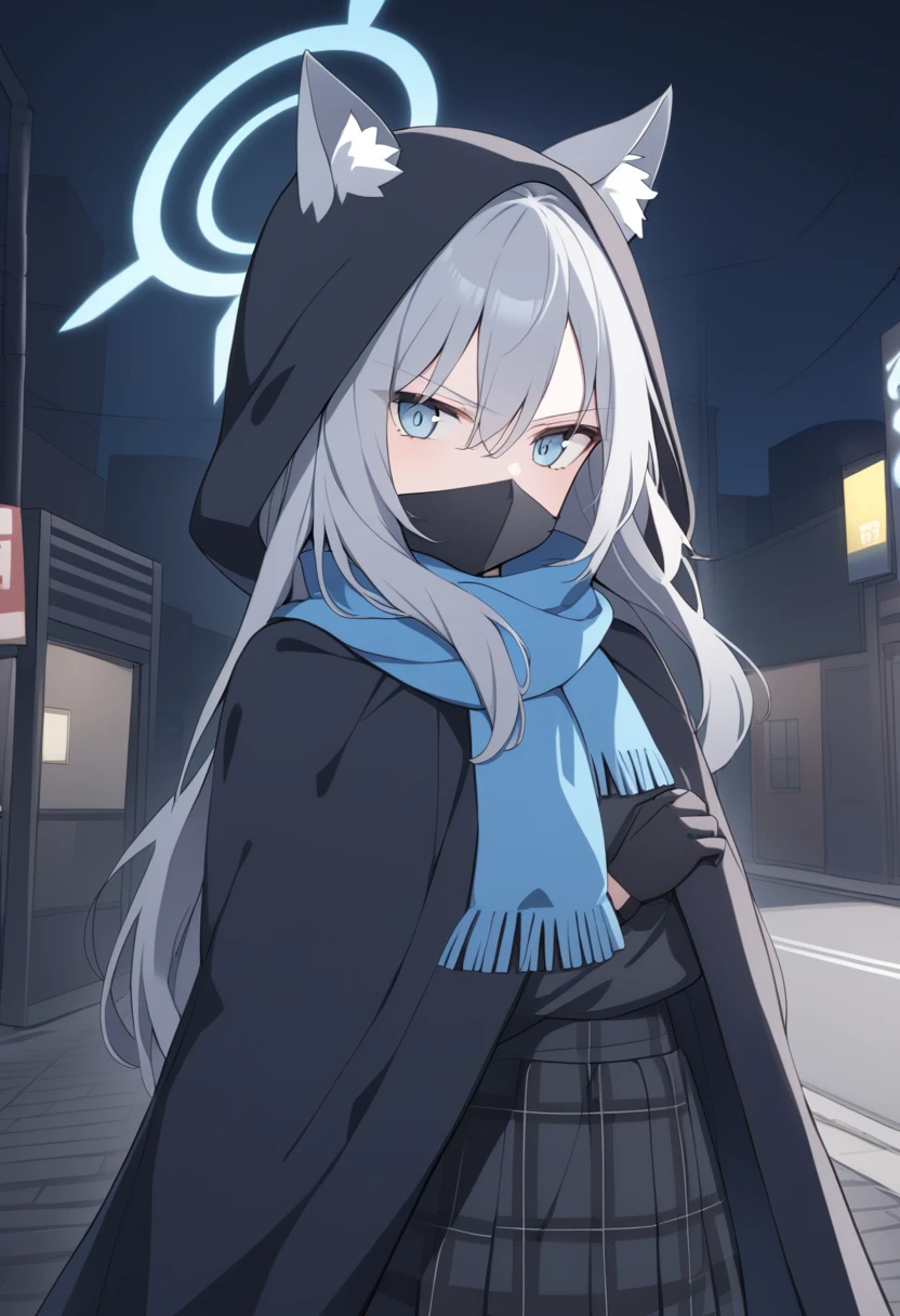girl,Silver long hair, blue eyes, Draped in a black cloak,Wearing a black mask,A sky blue scarf, Black gloves, And black plaid skirt, On empty streets,Serious expression, blue halo,black hood,Put on your hat,Gray wolf ears,night