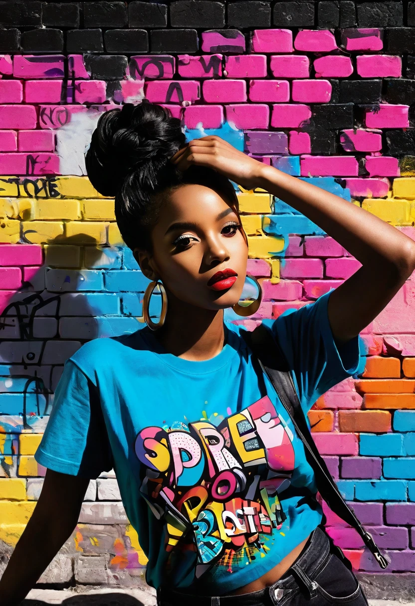 Pop Art Street Style Black Woman in urban pop art clothing, striking a pose against a graffitifilled pop art street — T-shirt design graphic, vector, contour, black background.