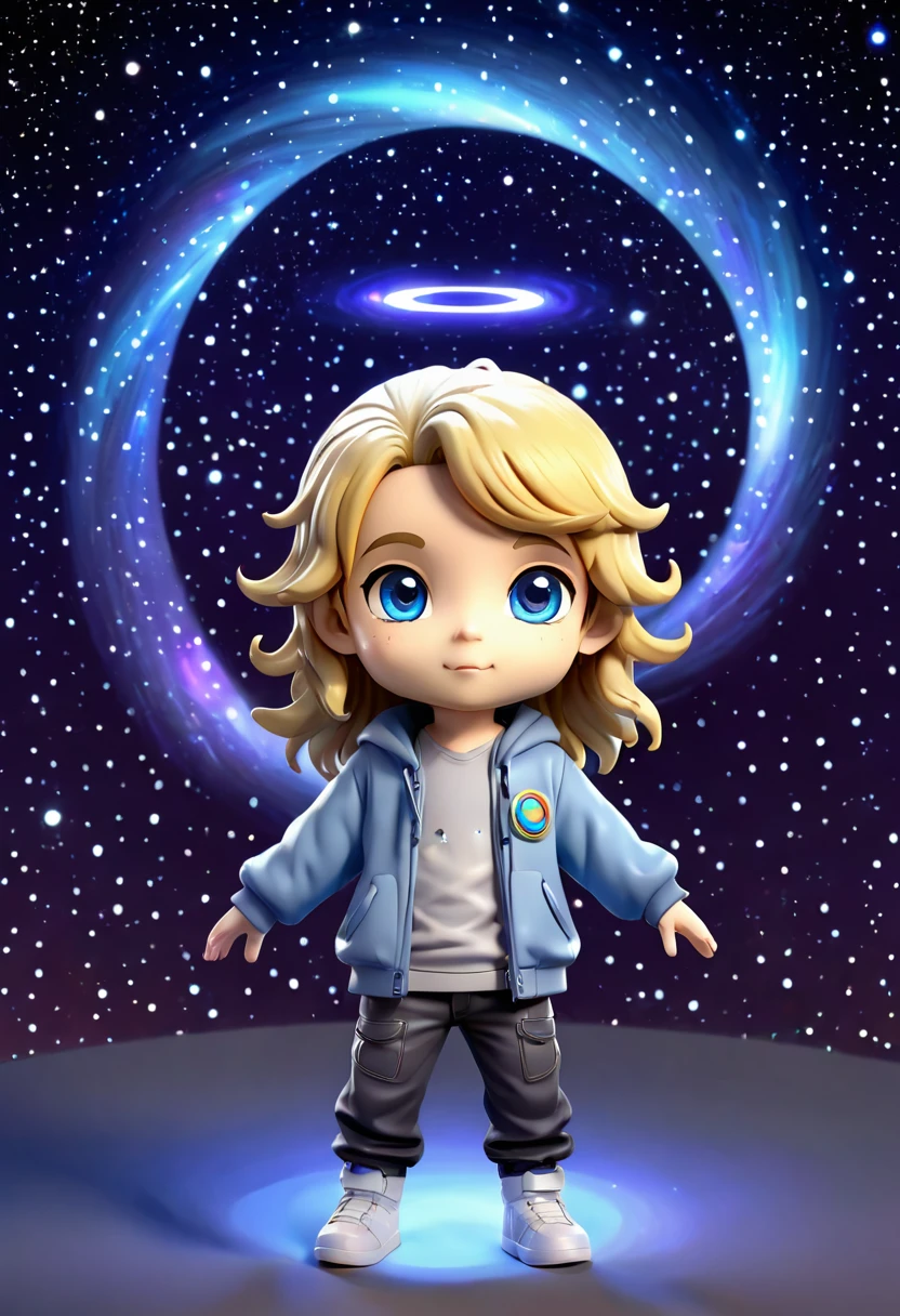 3D chibi anime style, Light-skinned young full body man, with light blue eyes and long hair, wearing modern clothes. He has an angel halo with unusual shapes above his head and is floating in space. In the background there are bright stars, spiral galaxies and several planets of different sizes and colors.