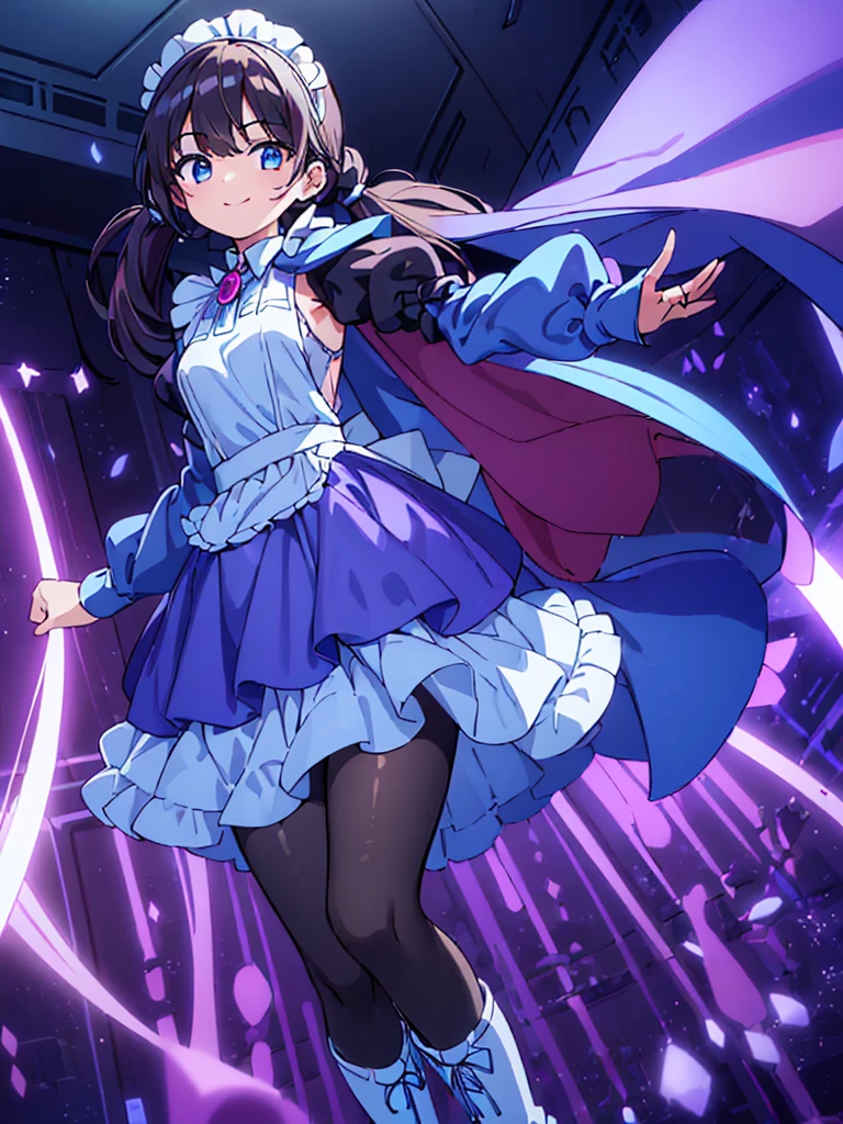 ((masterpiece, highest quality, ultra_high_detaile)), ((beautiful)), (beautiful detailed girl:1.4), ((4k cg)), (illustration), ((solo)), ((1girl)), (full body), ((slim body)), ((small_breasts)), ((aristocratic style)), (black hair), (swept bangs:1.4), (two side up), (long twintails), ((blue eye)), ((blue brooch)), BREAK ((Headdress)), (maid:1.4), (long sleeve maid clothes:1.4), ((apron_dress)), (Knee-length skirt:1.4), (light purple cape:1.4), (long cape:1.4), ((elbow_gloves)), ((brown pantyhose)), BREAK ((light blue boots)), (dance_hall), (dancing), (smile),