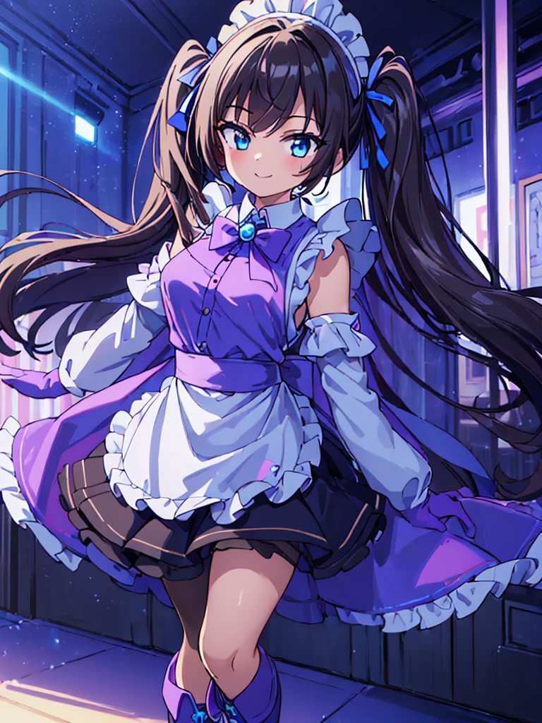 ((masterpiece, highest quality, ultra_high_detaile)), ((beautiful)), (beautiful detailed girl:1.4), ((4k cg)), (illustration), ((solo)), ((1girl)), (full body), ((slim body)), ((small_breasts)), ((aristocratic style)), (black hair), (swept bangs:1.4), (two side up), (long twintails), ((blue eye)), ((blue brooch)), BREAK ((Headdress)), (maid:1.4), (long sleeve maid clothes:1.4), ((apron_dress)), (Knee-length skirt:1.4), (light purple cape:1.4), (long cape:1.4), ((elbow_gloves)), ((brown pantyhose)), BREAK ((light blue boots)), (dance_hall), (dancing), (smile),