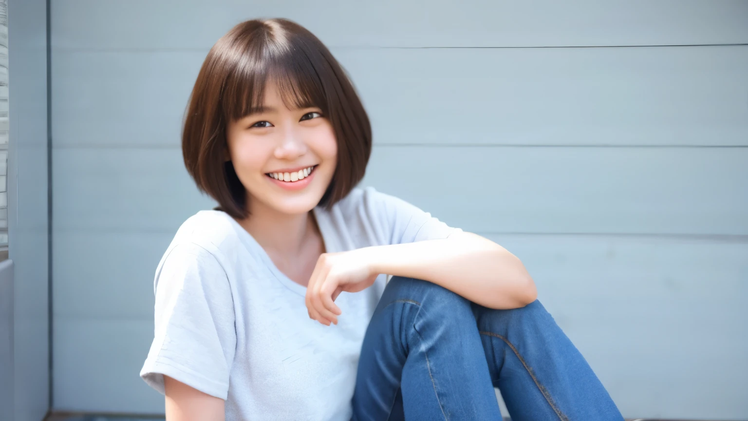 254 18-year-old female, (short hair),jeans, smile