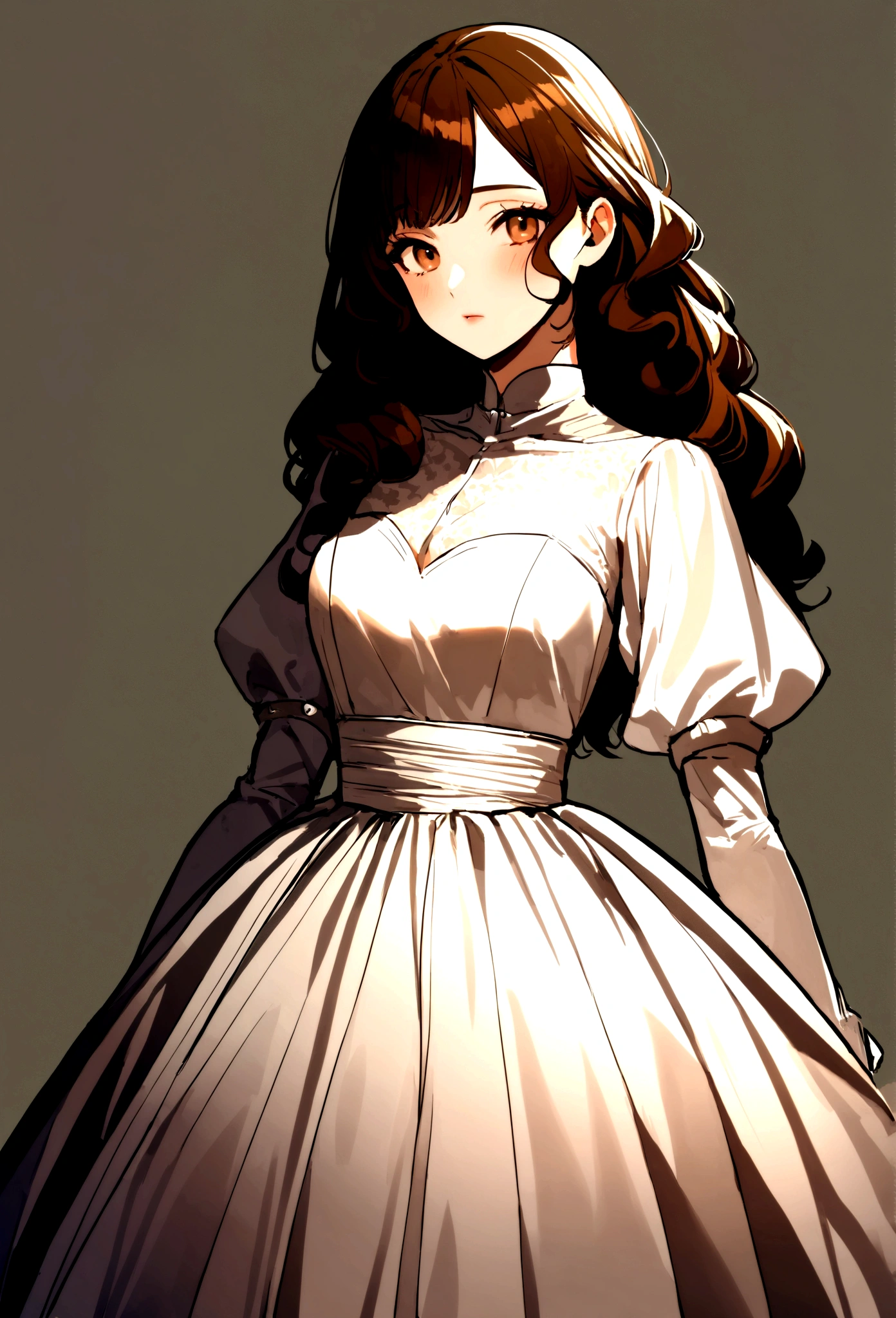 20 year old woman height 1,71 weighing 55 kg brunette with curly hair and jawline wearing a dress