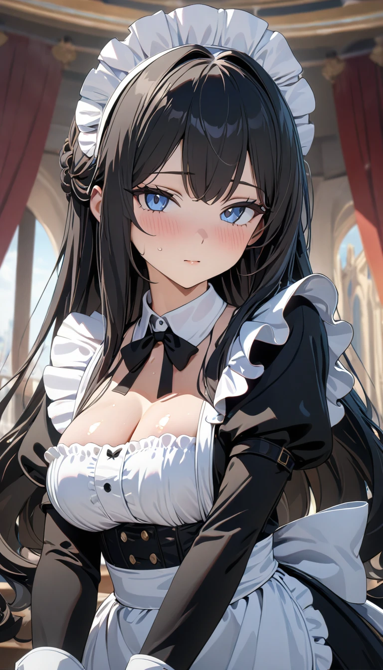 (((Best quality, 8k, Masterpiece: 1.3)), ((best quality)), ((masterpiece)), (detailed), perfect face, A maid girl with long black hair, she looks at me, Her thick hair flows, A maid costume with frills. She serves at the royal court, high resolution, Textured skin, anime style, shiny hair, long hair, maid headdress