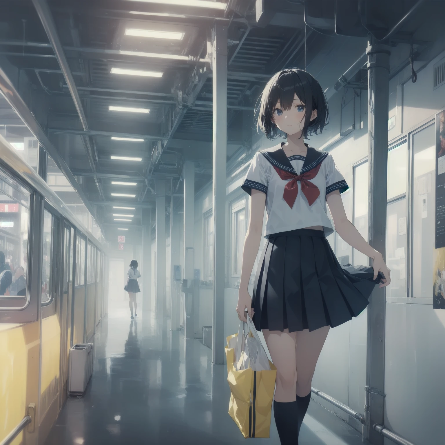 ultra-absurdres-Top quality by artist God, ultra-detailed, high resolution, anime moe artstyle, best anime 8k konachan wallpaper, pixiv contest winner, pool:2810, perfect anatomy,break, 1girl, (Please draw a girl walking sleepily to school alone. )break,(Solo,little female, 13-year-old:1.3),Full limbs, complete fingers,a junior high school student, (very short hair), short cut, flat chest, , small butt, small black eyes, beautiful detailed eyes, well-proportioned iris and pupils, expressive eyes, highres detailed hair, soft expression, salor school_uniform, sailor collar, serahuku, bow, pleated skirt,(Detailed Lighting), (Detailed background), in the School commute route. break,super detailed skin, Best cinematic lighting powered by famous artist, 8k,beauty illustration,photoshop_(medium),very aesthetic,break,((artist:yamamoto_souichirou )), artist:clamp ,artist:carnelian ,artist:kantoku ,