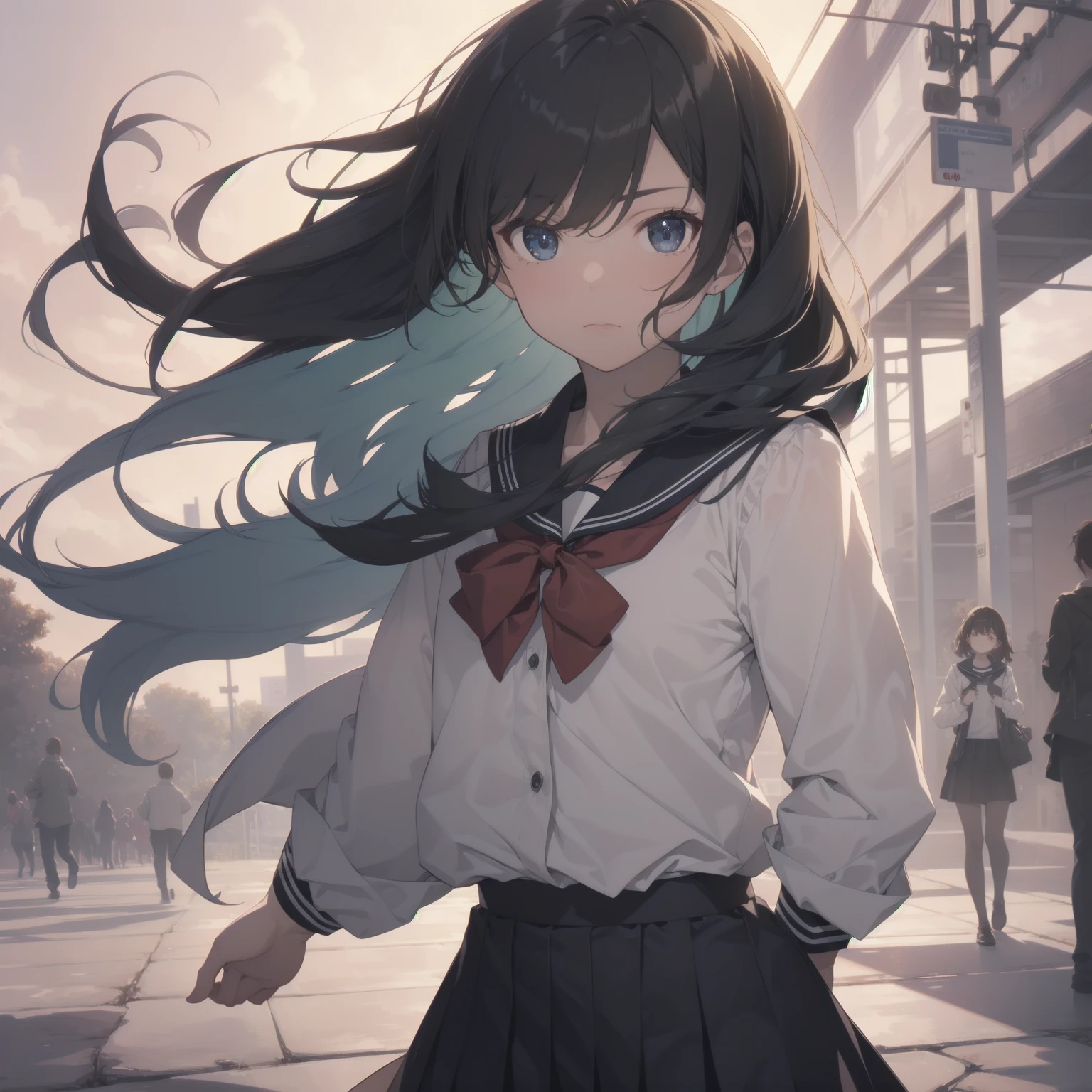 ultra-absurdres-Top quality by artist God, ultra-detailed, high resolution, anime moe artstyle, best anime 8k konachan wallpaper, pixiv contest winner, pool:2810, perfect anatomy,break, 1girl, (Please draw a girl walking sleepily to school alone. )break,(Solo,little female, 13-year-old:1.3),Full limbs, complete fingers,a junior high school student, (very short hair), short cut, flat chest, , small butt, small black eyes, beautiful detailed eyes, well-proportioned iris and pupils, expressive eyes, highres detailed hair, soft expression, salor school_uniform, sailor collar, serahuku, bow, pleated skirt,(Detailed Lighting), (Detailed background), in the School commute route. break,super detailed skin, Best cinematic lighting powered by famous artist, 8k,beauty illustration,photoshop_(medium),very aesthetic,break,((artist:yamamoto_souichirou )), artist:clamp ,artist:carnelian ,artist:kantoku ,