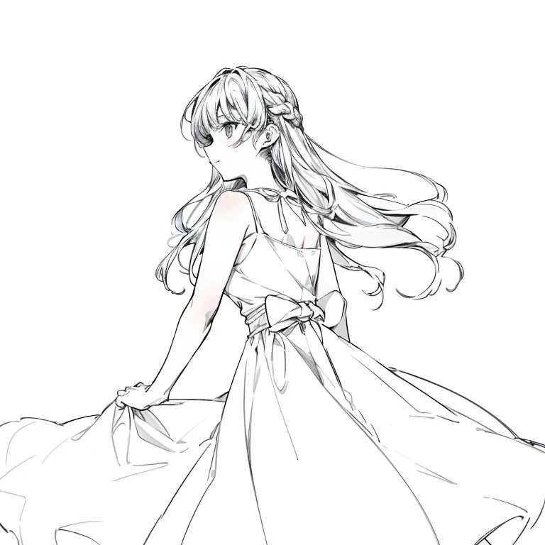 ((masterpiece))),(((Highest quality))),((Very detailed)),(Very delicate beauty: 1.2),(Highest quality, masterpiece),A picture of a girl walking in a dress with her hair flowing, Beautiful anime outline, No sleeve,In a dress, Line art!!, wearing a loose fitting dress, Anime Sketch, Line art, シンプルなLine art, Long Hair Anime Girl, Sketchy art style, loose fitting dress, きれいなLine art, Anime Pose, Anime style drawing, シンプルなLine art,Composition seen from below