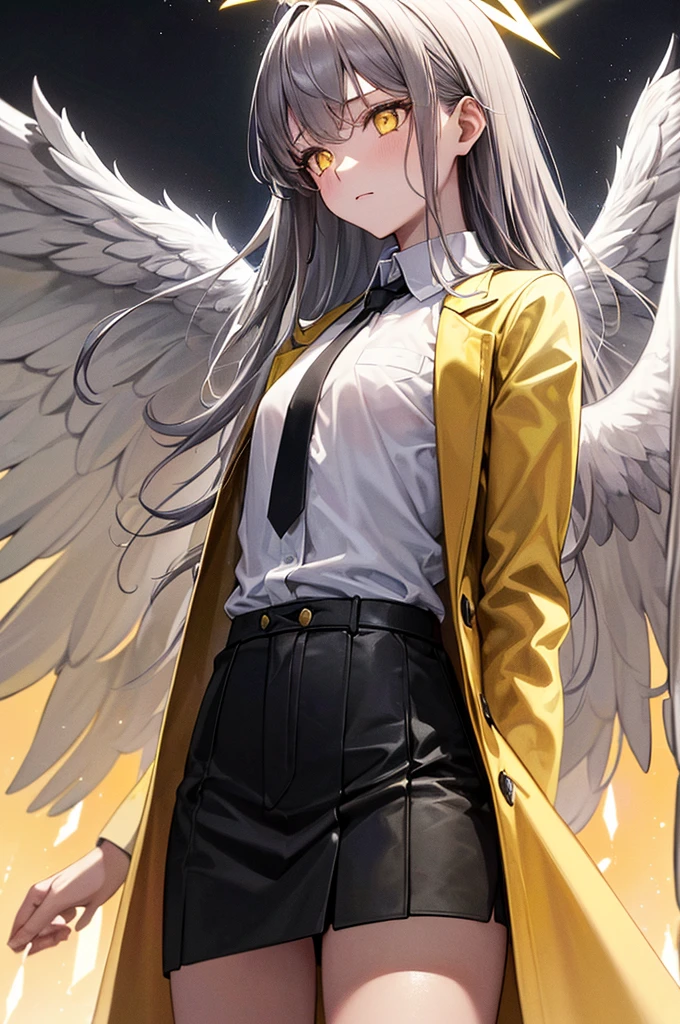 (masterpiece, Highest quality:1.3), (Super detailed:1.3), One girl, alone, (Gray Hair, Messy Hair, Long Hair), (Angel Wings, Angel Halo), Flat Chest, Yellow Eyes, (White shirt, Black tie, Black coat, Open Court), Cowboy Shot, Cinema Lighting, (((Glowing light particles))), (Put your arms behind your back), Dynamic Angle,