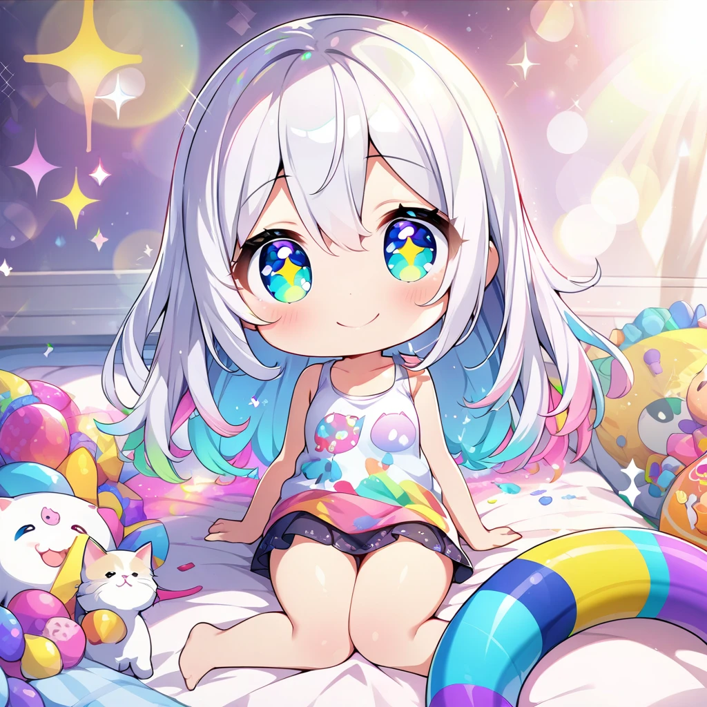 masterpiece, best quality, 4k、2D illustration、one beautiful girl、solo、(((chibi style)))、((vivid colors))、cute chibi、lovely chibi、long beautiful hair, glossy light silver hair, hair between eyes, cute、beautifully detailed eyes、((tank top))、((miniskirt))、((colorful))、((happy smile))、sitting on bed、((full body shot))、((kitten)), ((lots of colorful stuff around))、((bed))、sparkle、((lens flare))、