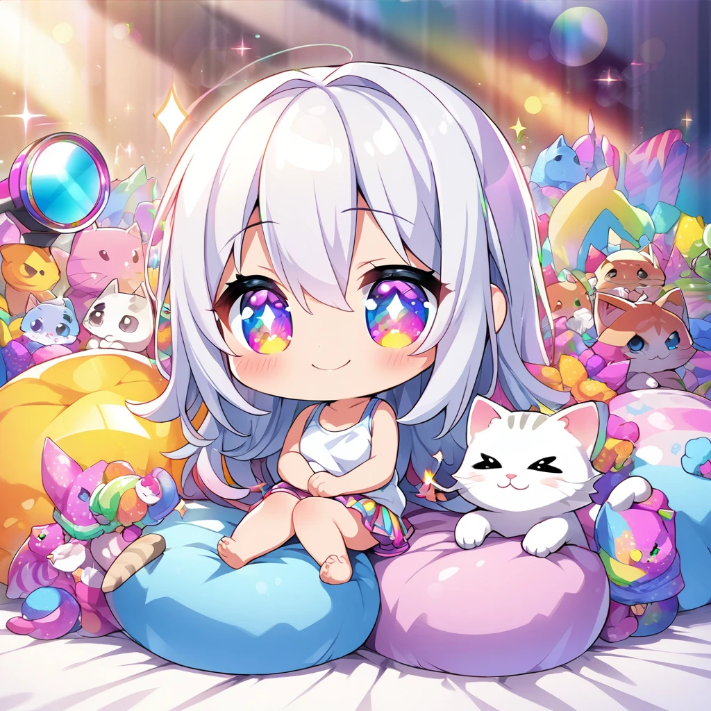 masterpiece, best quality, 4k、2D illustration、one beautiful girl、solo、(((chibi style)))、((vivid colors))、cute chibi、lovely chibi、long beautiful hair, glossy light silver hair, hair between eyes, cute、beautifully detailed eyes、((tank top))、((miniskirt))、((colorful))、((happy smile))、sitting on bed、((full body shot))、((kitten)), ((lots of colorful stuff around))、((bed))、sparkle、((lens flare))、