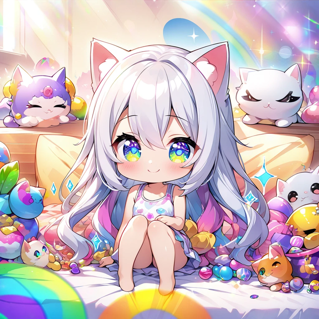 masterpiece, best quality, 4k、2D illustration、one beautiful girl、solo、(((chibi style)))、((vivid colors))、cute chibi、lovely chibi、long beautiful hair, glossy light silver hair, hair between eyes, cute、beautifully detailed eyes、((tank top))、((miniskirt))、((colorful))、((happy smile))、sitting on bed、((full body shot))、((kitten)), ((lots of colorful stuff around))、((bed))、sparkle、((lens flare))、