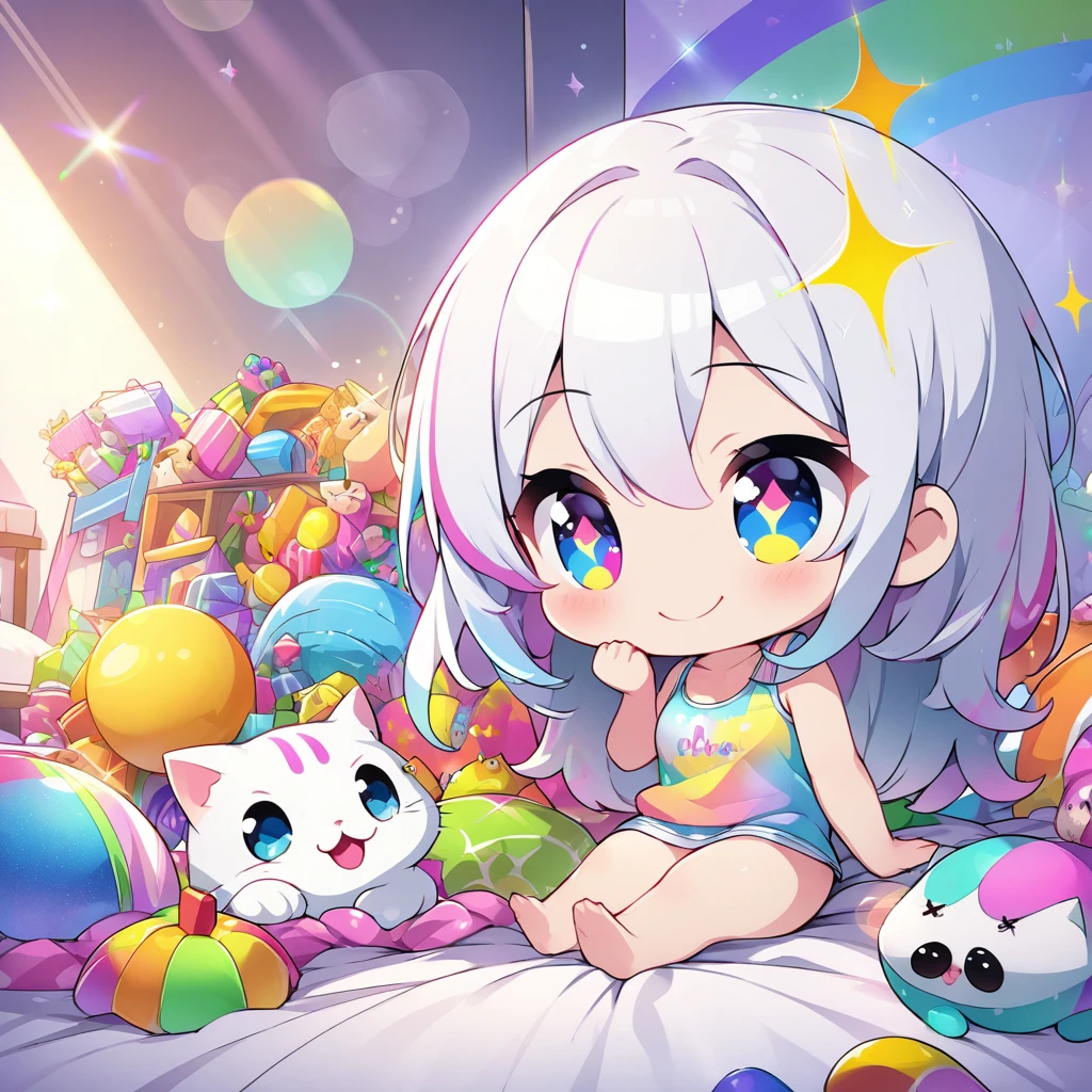 masterpiece, best quality, 4k、2D illustration、one beautiful girl、solo、(((chibi style)))、((vivid colors))、cute chibi、lovely chibi、long beautiful hair, glossy light silver hair, hair between eyes, cute、beautifully detailed eyes、((tank top))、((miniskirt))、((colorful))、((happy smile))、sitting on bed、((full body shot))、((kitten)), ((lots of colorful stuff around))、((bed))、sparkle、((lens flare))、