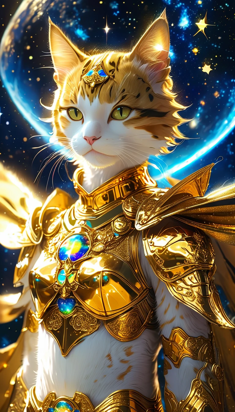 ((8K)), highest quality, 超High resolution, (High resolution),A cat dressed in the outfit of a Gold Saint from the anime Saint Seiya, floating in the vast expanse of outer space. The cat's armor shines brightly, reflecting the stars around it