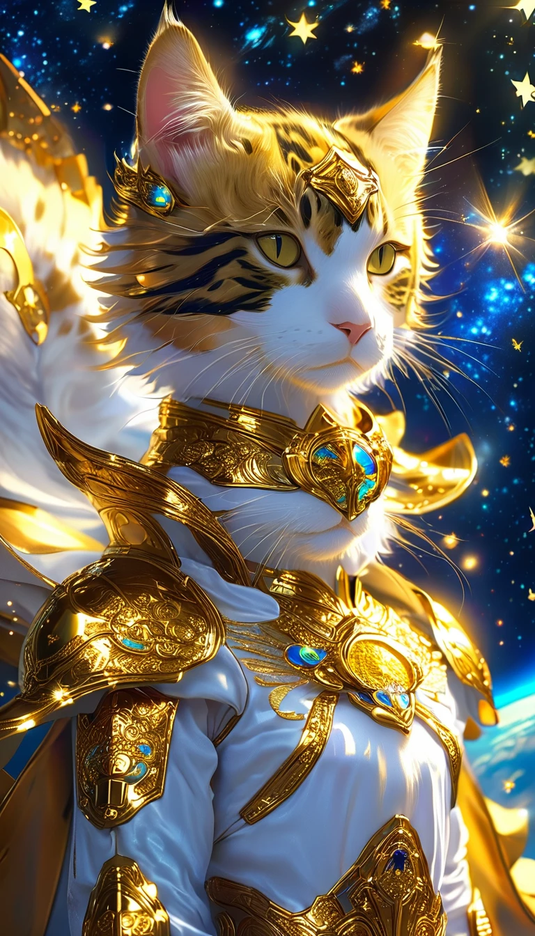 ((8K)), highest quality, 超High resolution, (High resolution),A cat dressed in the outfit of a Gold Saint from the anime Saint Seiya, floating in the vast expanse of outer space. The cat's armor shines brightly, reflecting the stars around it