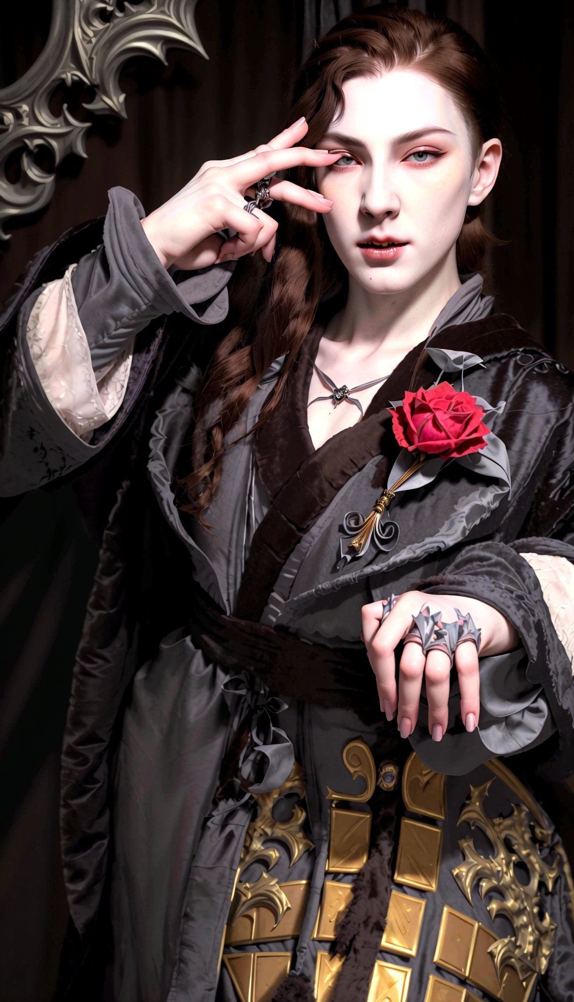 ((a close up of a person phantom of opera, ((wearing aristocrat robe)), delicate androgynous prince, alucard, beautiful androgynous prince, bladee from drain gang, cai xukun, male vampire, handsome male vampire, androgynous vampire, suit with phantom of opera mask(pale skin dark brown hair and grey eyes), delicate androgynous prince, beautiful androgynous prince, caleb from critical role, highly detailed exquisite, handsome guy, highly detailed character, hyperdetailed fantasy character, handsome male vampire, wolfgang lettl highly detailed, detailed character portrait, official character, handsome stunning realistic)),((grey eyes)),official art, unity 8k wallpaper, ultra detailed, aesthetic,((masterpiece)), best quality, photorealistic,((fantasy)),((pale skin)),((man&girl)),((sensual eyes)),((detailed eyes)),((detailed face)),((detailed body)),((badboy face)),((badboy)),((handsome)),((modeling poses)),((model)),((juicy lips)),((kimono)),((perfect hairstyle)),((perfect v shape head)),((free posing)),((posing like model)),((modeling poses)),((cool)),((body)),((50mm lens)),((fullbody)),((longshot picture)),((standing posing)),((androgynous pose)),((standing in background)),((light setting from right)),((head staring at right)),((candid)) Timothée Chalamet