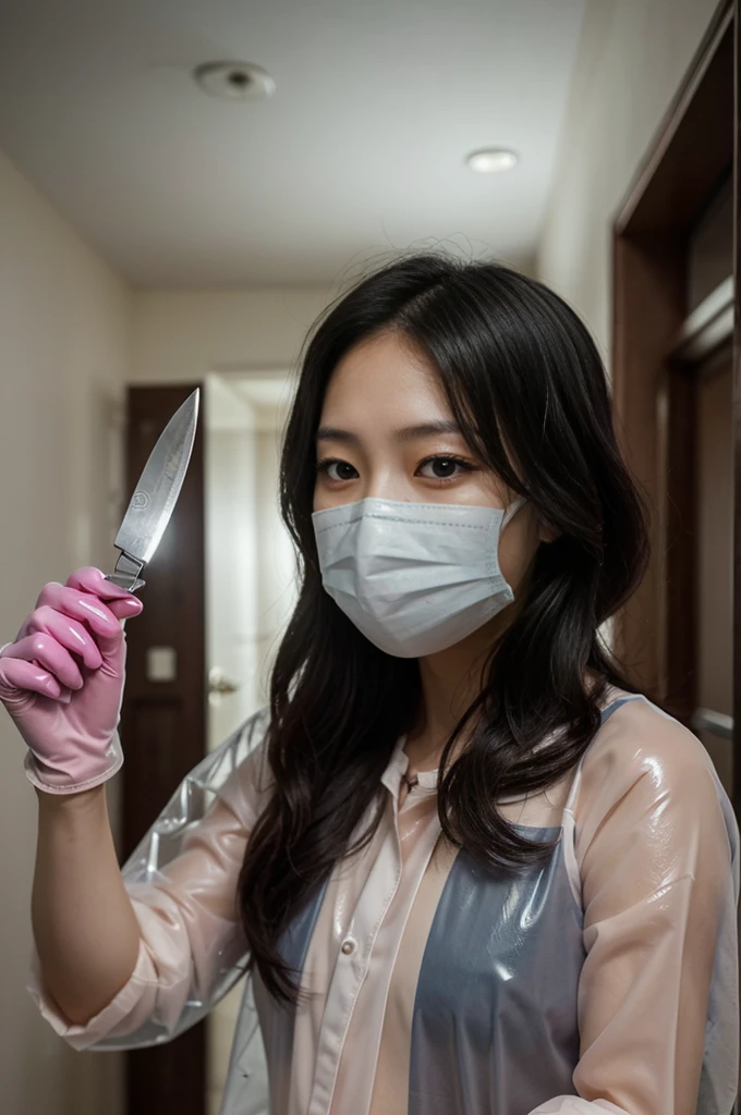 korean girl, (behind corpse, surgical mask), blood splatter, holding knife, stabbing, latex gloves, room full of blood, transparent raincoat, trucker hat, holding knife, latex gloves, behind corpse, very long hair, night, mass murderer, robbery, in the hotel,