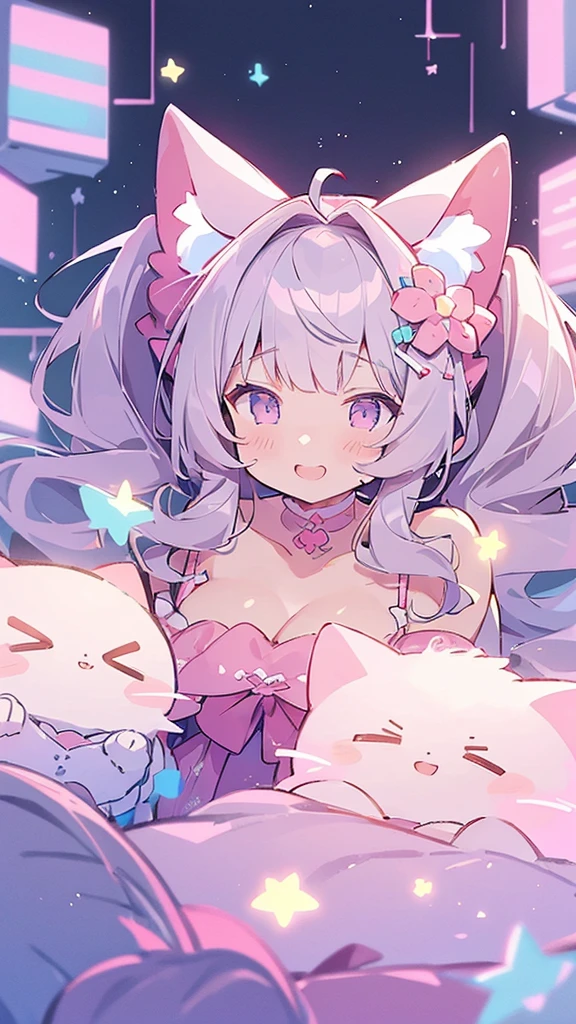 Highest quality、Masterpiece、Super detailed、8K、、1 girl、Gray Hair、Fluffy, soft, loosely curled long hair、Twin tails、Cherry-colored eyes、White and pink lolita outfit、Lace cape、Pink Cat Ear Headphones、Neon city at night、Ribbon hairpin、Lots of ribbon hair accessories、Cleavage、smile、Embarrassed expression、White and pink neon city、Big Tits