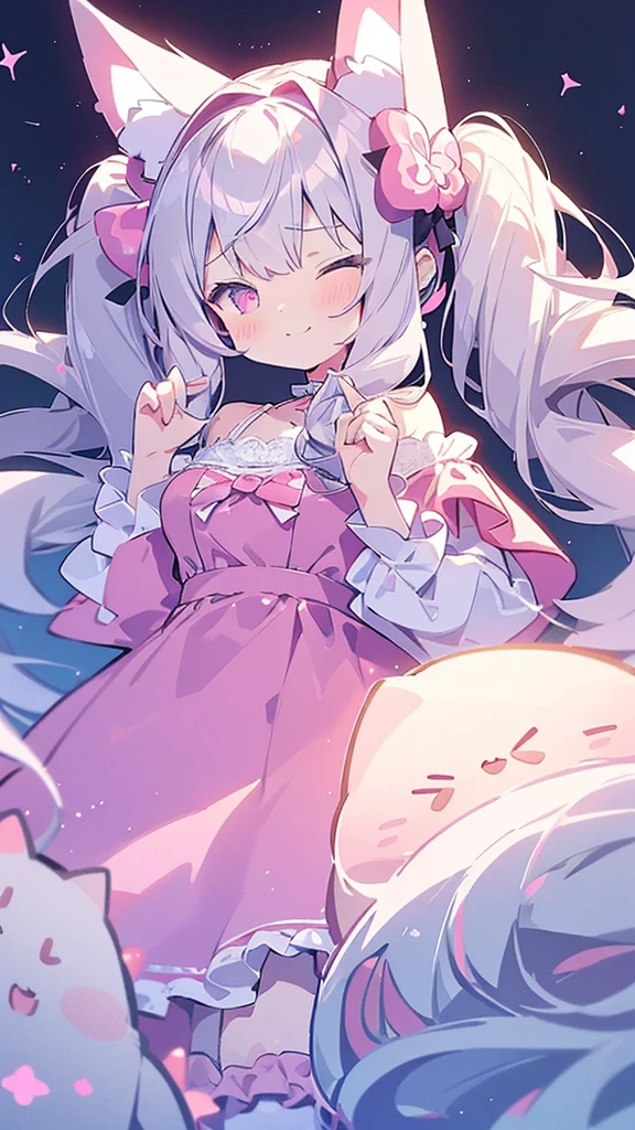Highest quality、Masterpiece、Super detailed、8K、、1 girl、Gray Hair、Fluffy, soft, loosely curled long hair、Twin tails、Cherry-colored eyes、White and pink lolita outfit、Lace cape、Pink Cat Ear Headphones、Neon city at night、Ribbon hairpin、Lots of ribbon hair accessories、Cleavage、smile、Embarrassed expression、White and pink neon city、Big Tits