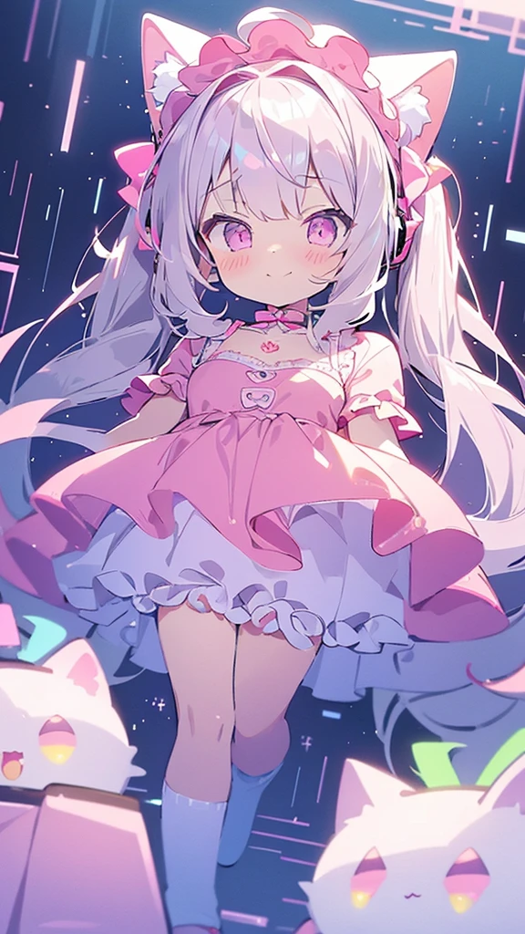 Highest quality、Masterpiece、Super detailed、8K、、1 girl、Gray Hair、Fluffy, soft, loosely curled long hair、Twin tails、Cherry-colored eyes、White and pink ta outfit、Lace cape、Pink Cat Ear Headphones、Neon city at night、Ribbon hairpin、Lots of ribbon hair accessories、Cleavage、smile、Embarrassed expression、White and pink neon city、Big Tits