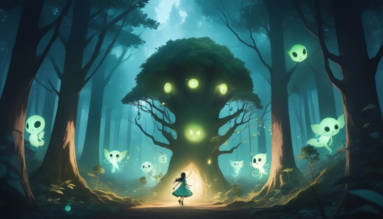 "Small, friendly tree spirits called Kodama appear around Aya, guiding her through the forest. The Kodama are whimsical and playful, with glowing eyes and a magical presence.