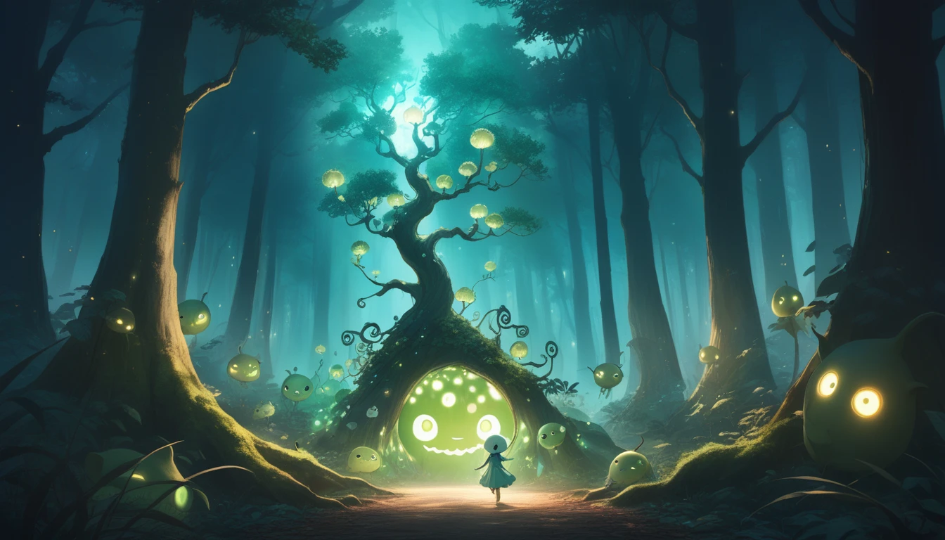 "Small, friendly tree spirits called Kodama appear around Aya, guiding her through the forest. The Kodama are whimsical and playful, with glowing eyes and a magical presence.