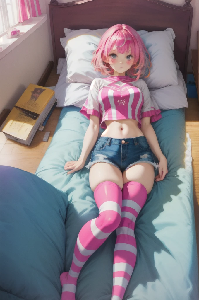 (masterpiece:1.2),(best quality), 1girl, pink hair, crop top, denim shorts, bedroom, striped thighhighs, cute