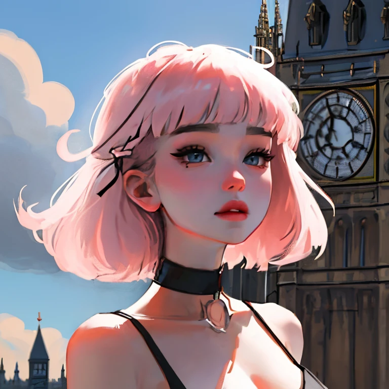 Russian women, Adult female, Style Booba Pad, Background of London, Big Ben, Fluffy Clouds, Upper Body, Portraiture, breast focus, One girl, Perfect breasts, Big Breasts, asymmetrical bangs, Asymmetrical Hair, bangs, Huge breasts, Half shaved, pink ribbon in hair, Black Choker