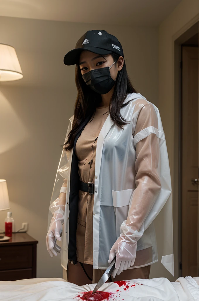 korean girl, (behind corpse, surgical mask), blood splatter, holding knife, stabbing, gloves, room full of blood, transparent raincoat, trucker hat, holding knife, gloves, behind corpse, very long hair, night, mass murderer, robbery, in the hotel,