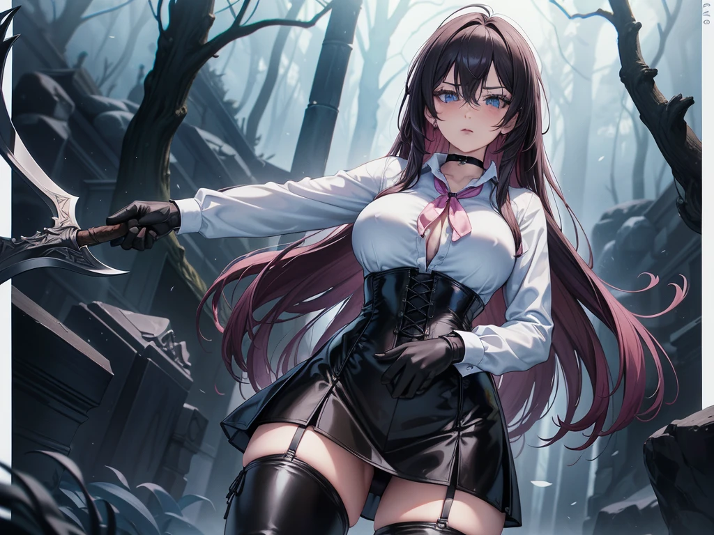 Masterpiece, Beautiful art, professional artist, 8k, art style by sciamano240, Very detailed face, Detailed clothing, detailed fabric, 2 girls, perfectly drawn body, fighting pose, beautiful face, long hair, blue eyes, very detailed eyes, pink cheeks, shy expression, choker:1.6, (long sleeve white collar buttoned shirt), black gloves, gloves covering hands, (holding an ax in the right hand), (black leather corset), (shiny black leggings), (black miniskirt), sensual lips , evening de invierno, show details in the eyes, view from front, looking at the viewer, dark path, dark forest, evening, Atmosphere, fog