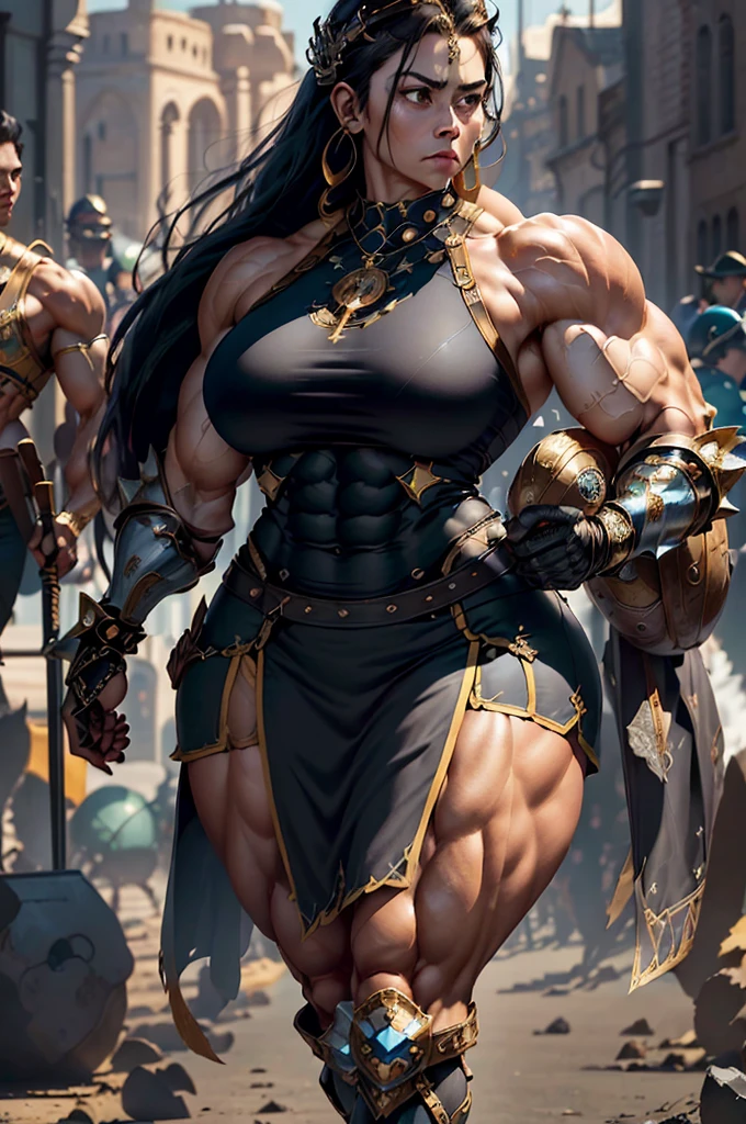 (Best lighting) , (Very intricate details) , 4K Integration, (Super fine CG: 1.2) , (8K: 1.2),(original), (masterpiece) , (Highest quality),(masterpiece:1.4),((Full images))、Photo quality,(masterpiece),masterpiece, Highest quality, Absurd,((Masterpiece, 4K, 8K, High resolution)),(masterpiece), (Highest quality), (Super detailed), (Very delicate and beautiful), ((Cowboy Shot)), 1 female, The face of a 40-year-old Western woman、A beautiful, well-balanced face、 ((A woman with a muscular body like a male bodybuilder)),((Huge muscular physique))、((A 200cm tall woman))、((Beautiful woman)),((Woman warrior)),(((Full body image))),45 year old mature woman、,Brave and resolute attitude, Wearing Valkyrie Metal Armor、 (Sleeveless Armor)、((Metal armor that resembles a thick chest and abdominal muscles))、(Heavy metal armor)、Valkyrie's Helmet、Very strong legs、((Long boots with pin heels))、((kneehigh 、Medieval streetscape,Brave pose,Strength and elegance,Solemn atmosphere,((The Queen's Appearance))、((The Strongest Queen of Mankind))、(Huge muscular physique),((Protruding veins))、((A woman with a toned chest like a male bodybuilder))、Raised trapezius muscle、very thick neck、((Strong arms with bulging biceps))、A muscular chest、Six-pack、((Thick thighs with bulging muscles))、((Bicep-like calf muscles))、Overflowing with incredible strength、Muscles bulging out from under the force of force all over the body、Black Hair、ponytail、A commanding presence,Poses that show off their monstrous power,Model standing、Vibrant colors,Down to the smallest thread,Impressive level textures,Sharp focus,Rich and realistic backgrounds,Magnificence and grandeur,((The Mighty Queen)),((Queen of Superpowers)),((A powerful queen of dignity and grandeur)), Inspiring and majestic,Guardian of the kingdom,Unstoppable courage,Divine Destiny,Indomitable spirit,Unforgettable beauty,Unwavering Strength